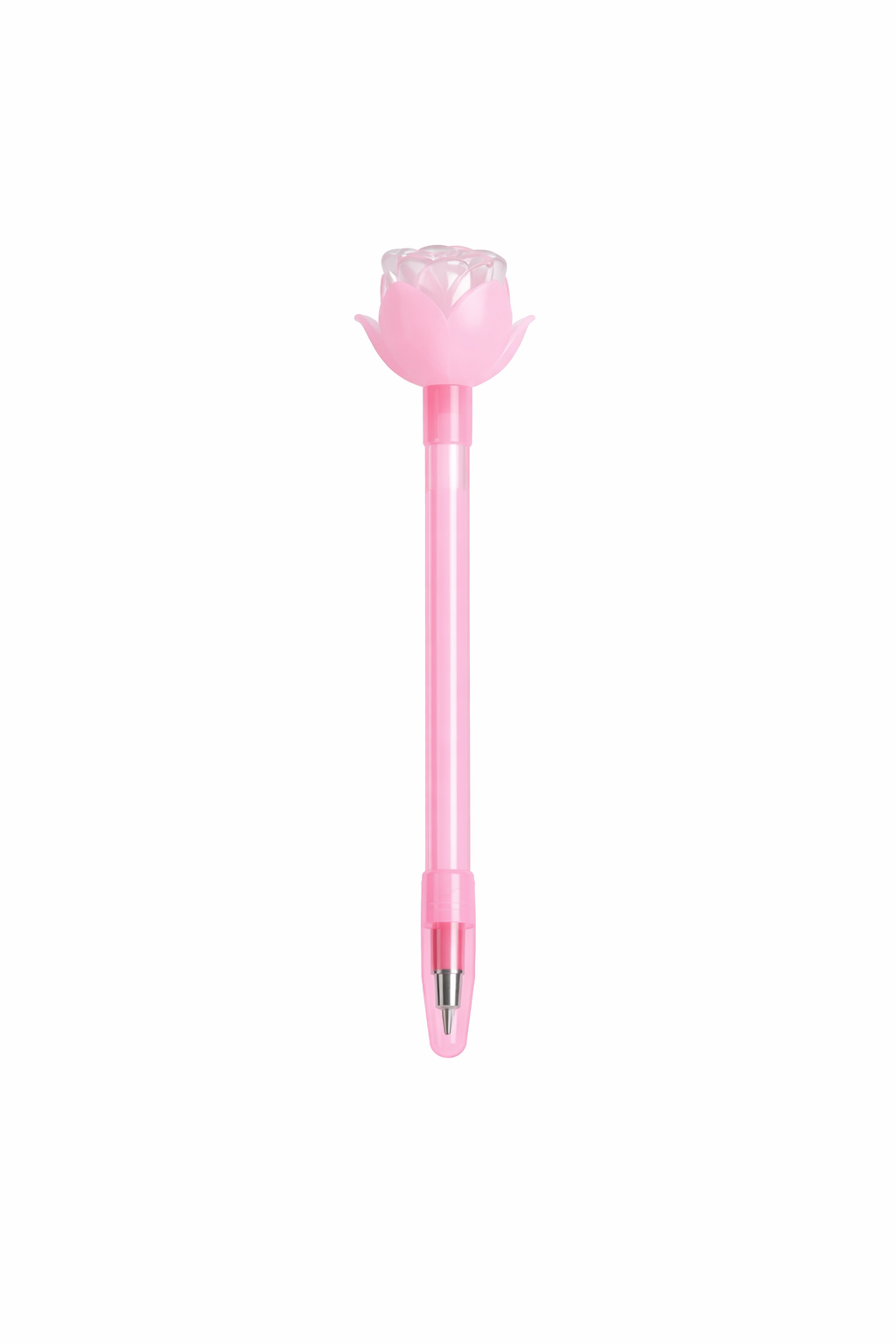 Full-length product shot of a pastel pink plastic ballpoint pen with a clear rose bud-shaped topper featuring pink petal details and a silver ballpoint tip, displayed upright on a white background.