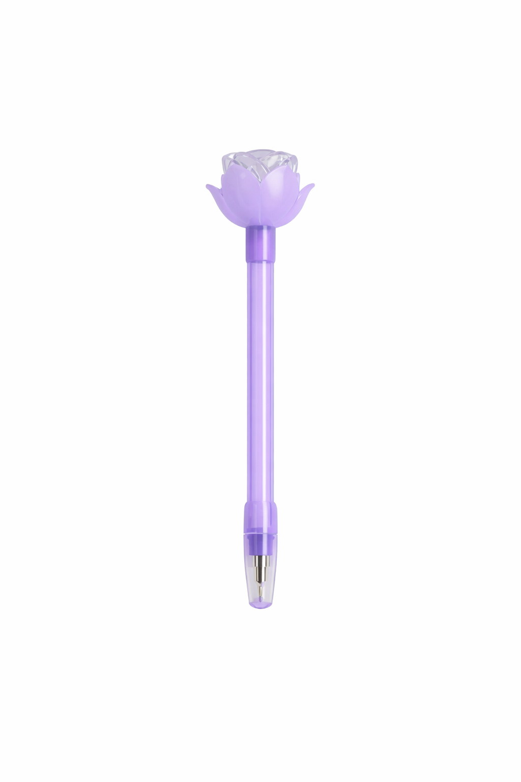 Full-length product shot of a pastel purple plastic ballpoint pen with a clear rose bud-shaped topper featuring lavender petal details and a silver ballpoint tip, displayed upright on a white background.