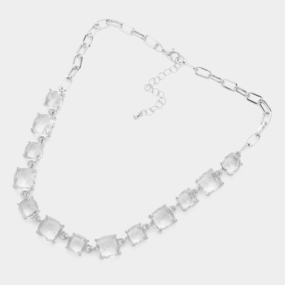 Women's Cushion Square Stone Link Evening Necklace