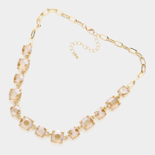 Women's Topaz AB Cushion Square Stone Link Evening Necklace