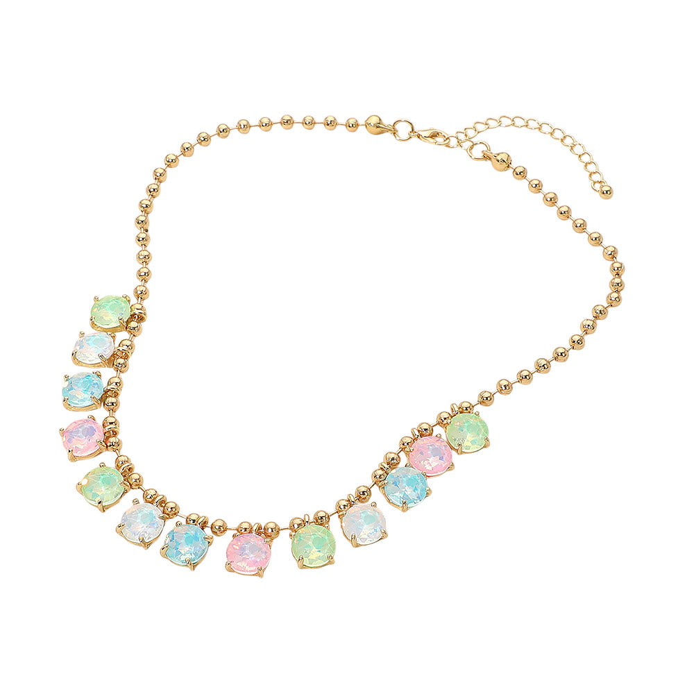 Opal multi-tone pastel round stone gold ball chain link necklace flat lay showing full length, lobster clasp, and adjustable extender chain — white background