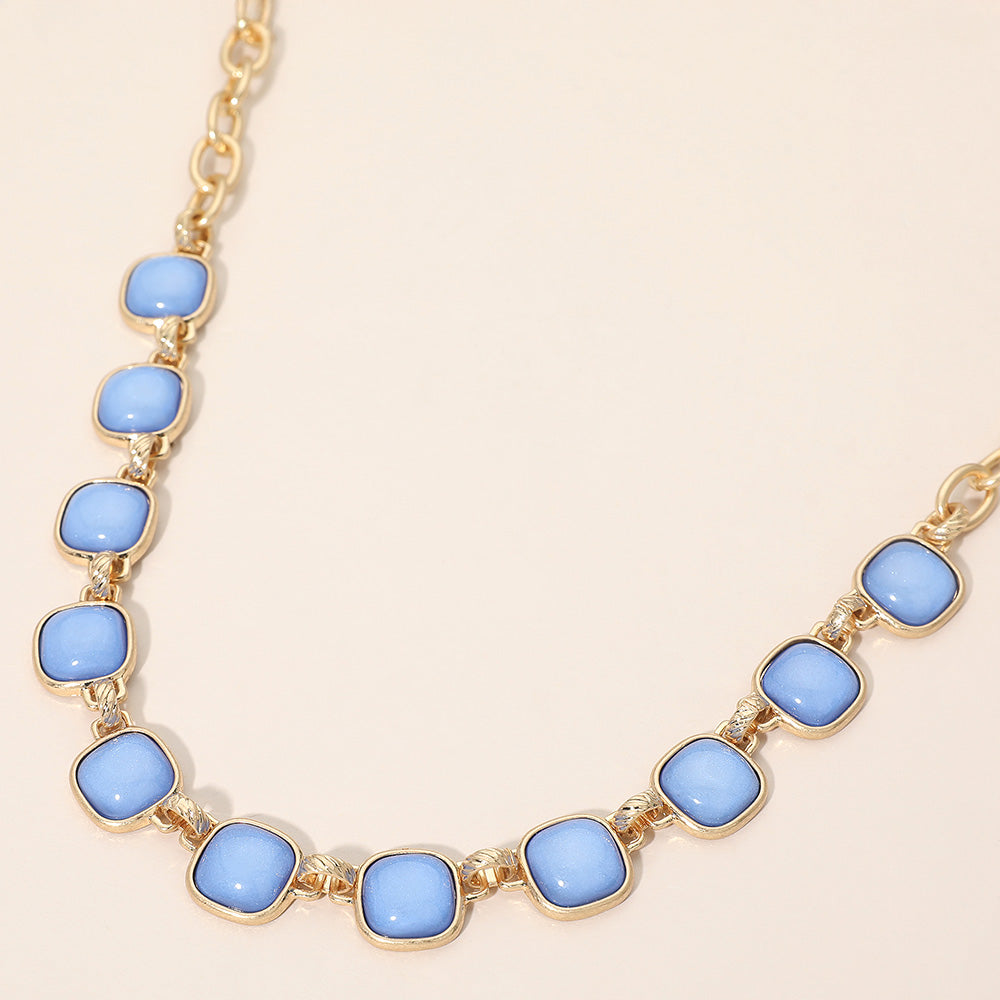 Women's Blue Square Stone Bold Link Chain Necklace Worn Gold