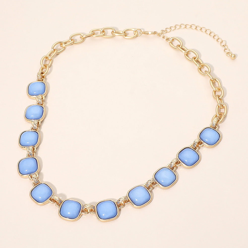 Women's Blue Square Stone Bold Link Chain Necklace Worn Gold