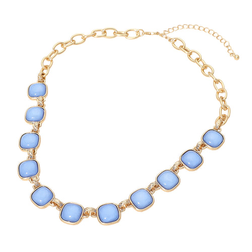 Women's Blue Square Stone Bold Link Chain Necklace Worn Gold