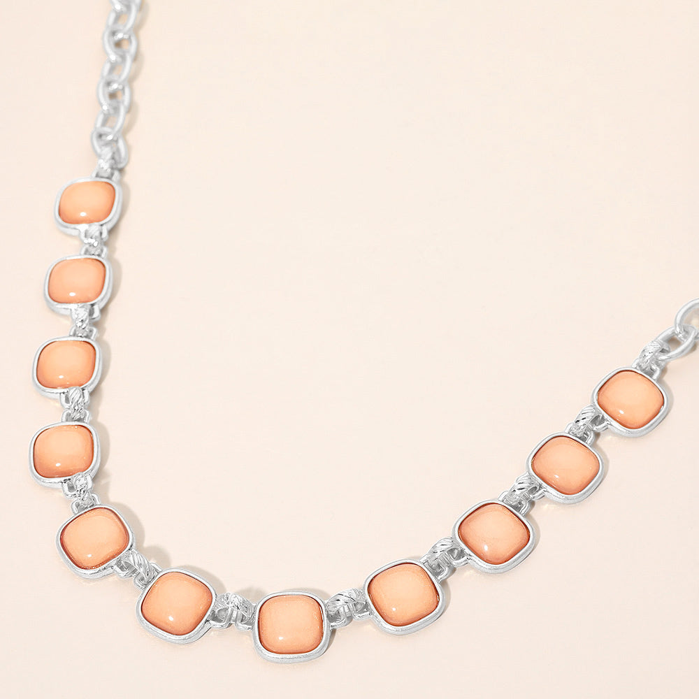 Women's Peach Square Stone Bold Link Chain Necklace Worn Silver