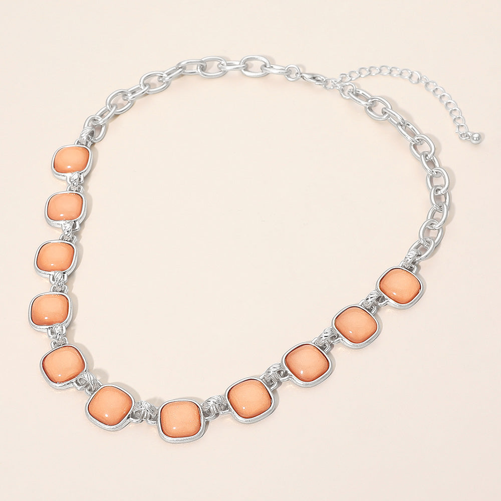 Women's Peach Square Stone Bold Link Chain Necklace Worn Silver