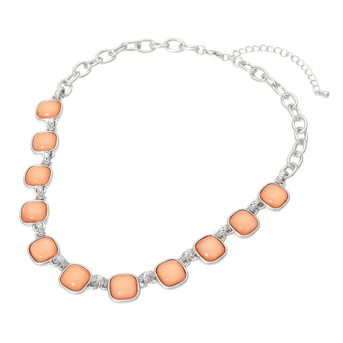 Women's Peach Square Stone Bold Link Chain Necklace Worn Silver