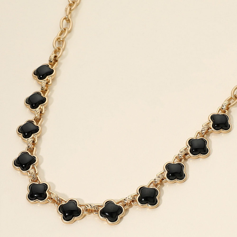 Women's Black Quatrefoil Stone Bold Link Chain Necklace Worn Gold