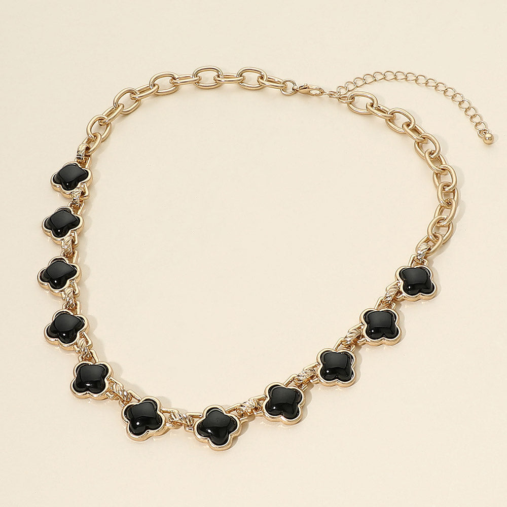 Women's Black Quatrefoil Stone Bold Link Chain Necklace Worn Gold