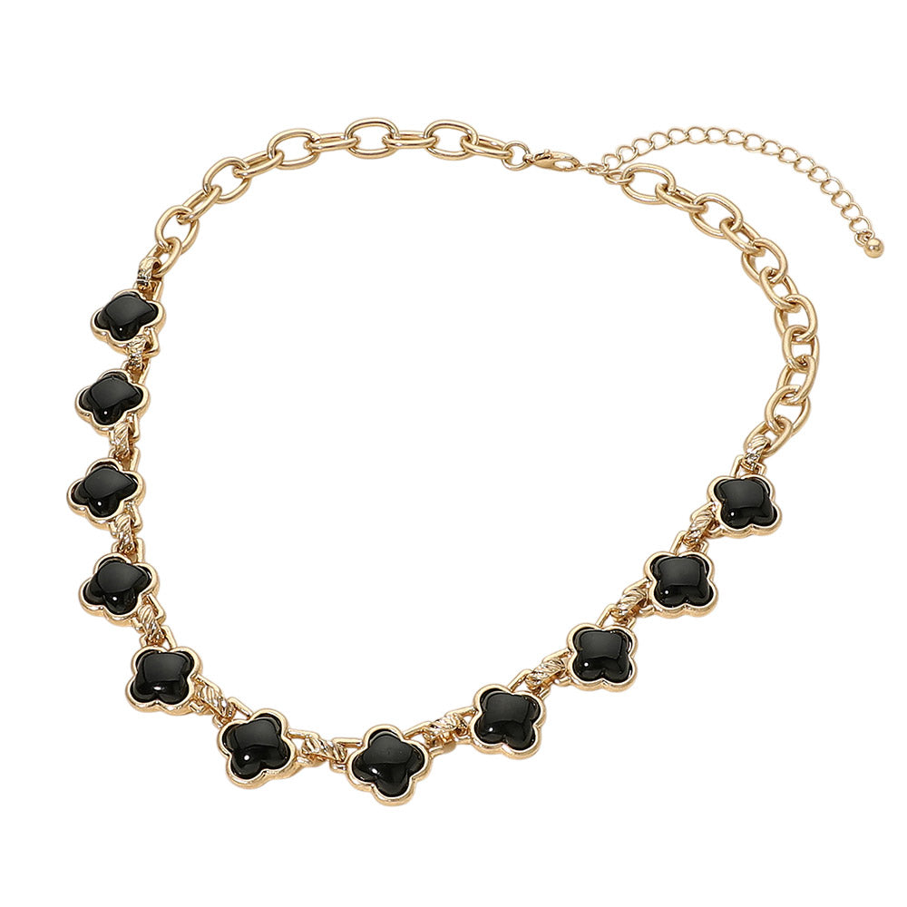 Women's Black Quatrefoil Stone Bold Link Chain Necklace Worn Gold