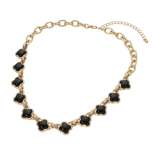Women's Black Quatrefoil Stone Bold Link Chain Necklace Worn Gold