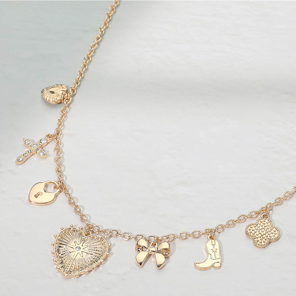 Women's Gold Multi-Charm Station Necklace – Heart Bow Cross Boot