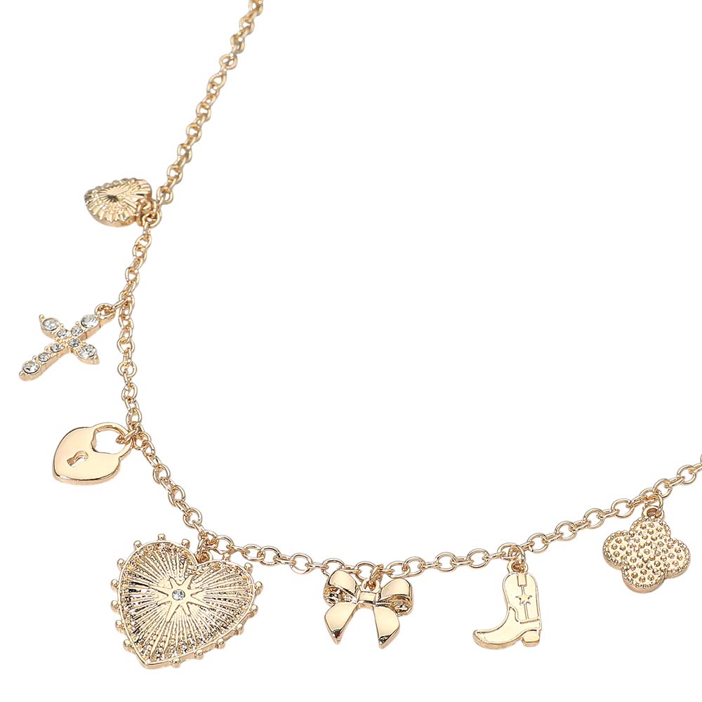Women's Gold Multi-Charm Station Necklace – Heart Bow Cross Boot