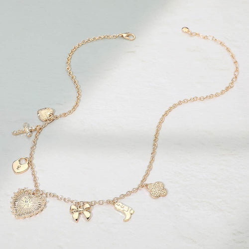 Women's Gold Multi-Charm Station Necklace – Heart Bow Cross Boot