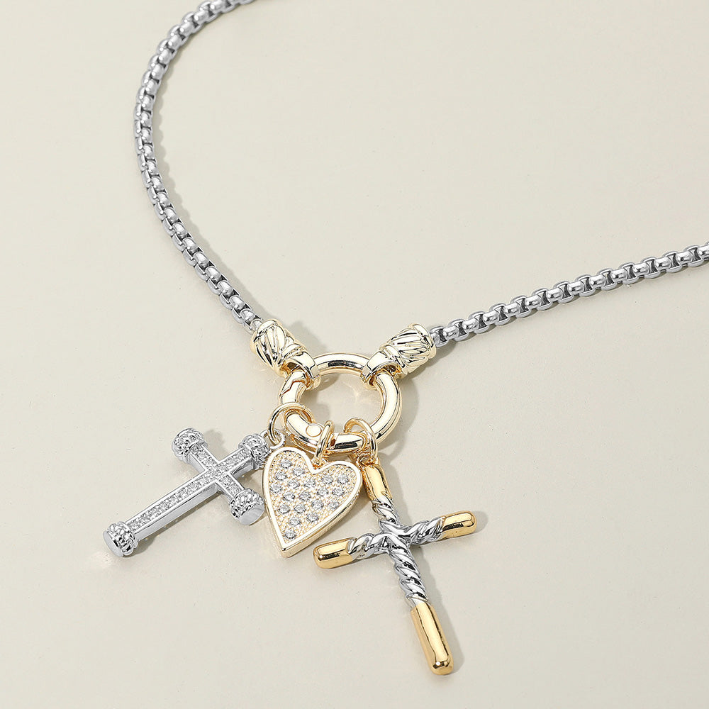 Women's Two-Tone CZ Heart Double Cross Charm Necklace – 14K Gold