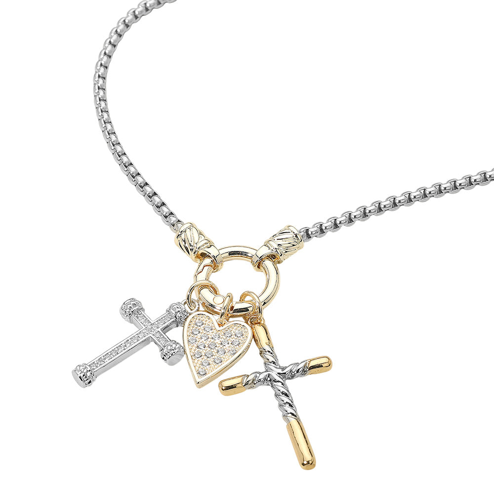 Women's Two-Tone CZ Heart Double Cross Charm Necklace – 14K Gold