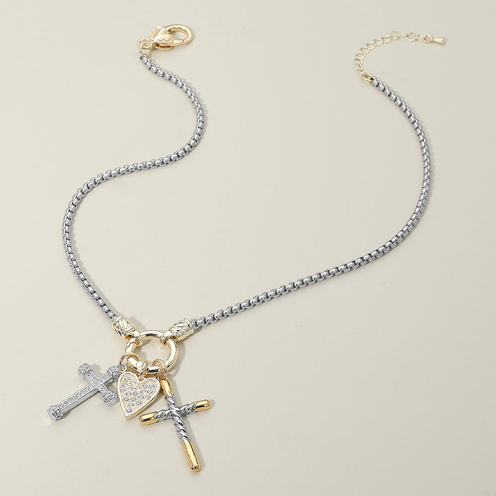 Women's Two-Tone CZ Heart Double Cross Charm Necklace – 14K Gold