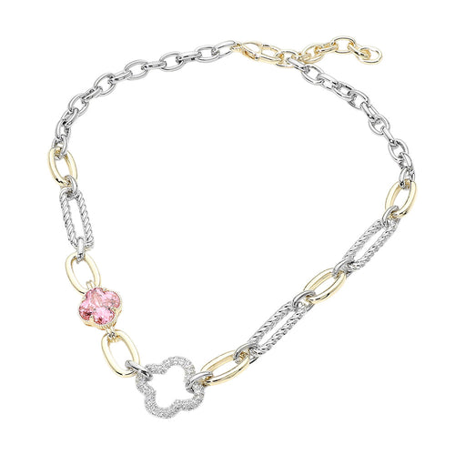 Women's 14K Gold CZ Pave Clover Mixed Link Statement Necklace