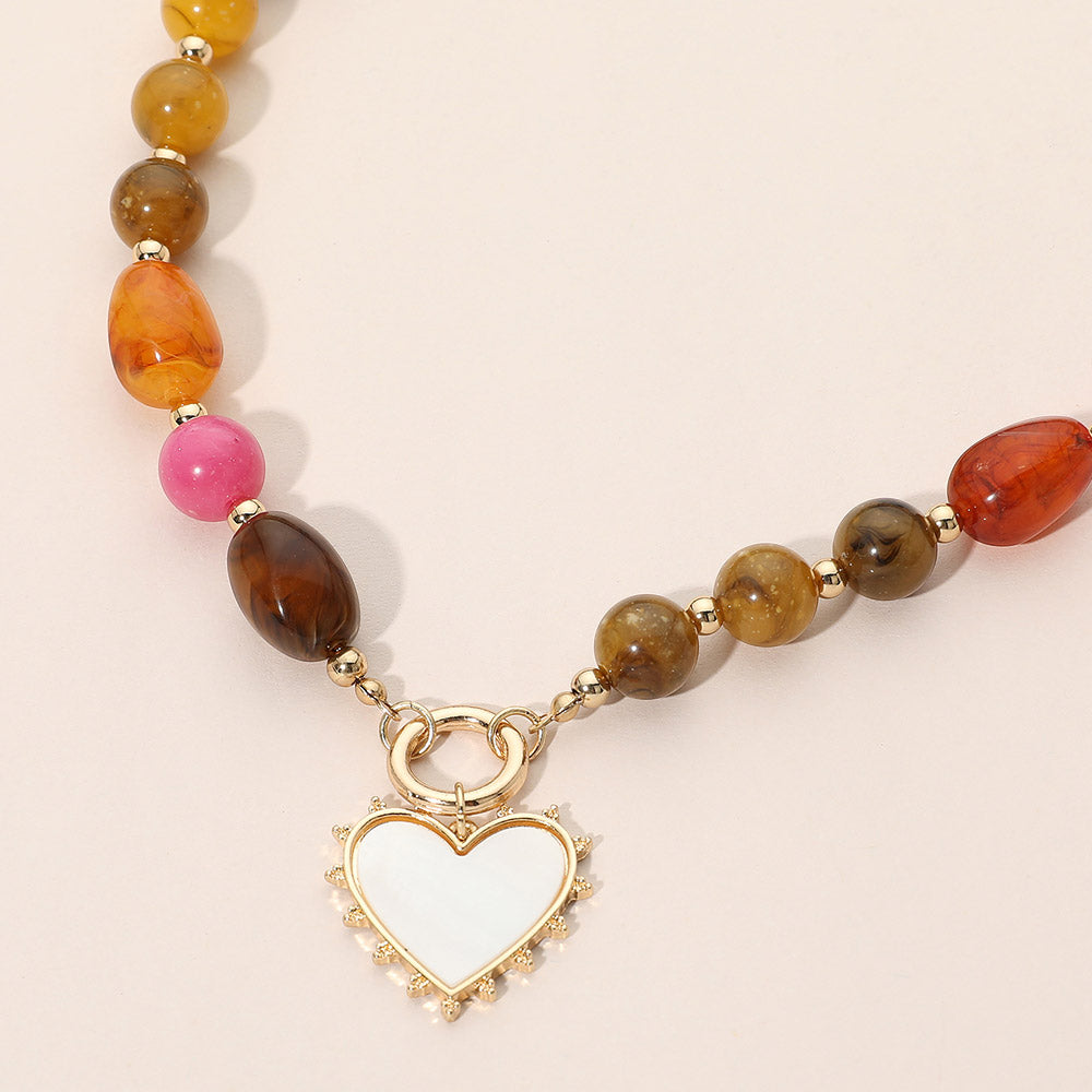 Women's Brown Heart Pendant Mixed Bead Statement Necklace