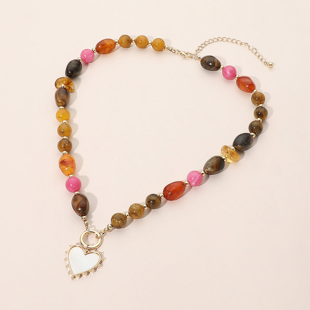 Women's Brown Heart Pendant Mixed Bead Statement Necklace