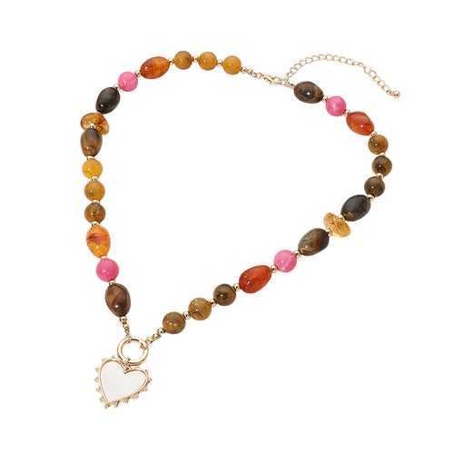Women's Brown Heart Pendant Mixed Bead Statement Necklace