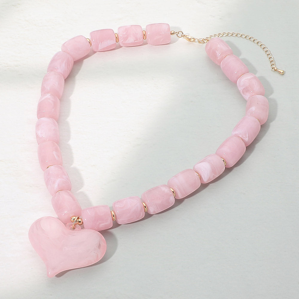 Women's Pink Chunky Resin Beaded Heart Charm Statement Necklace