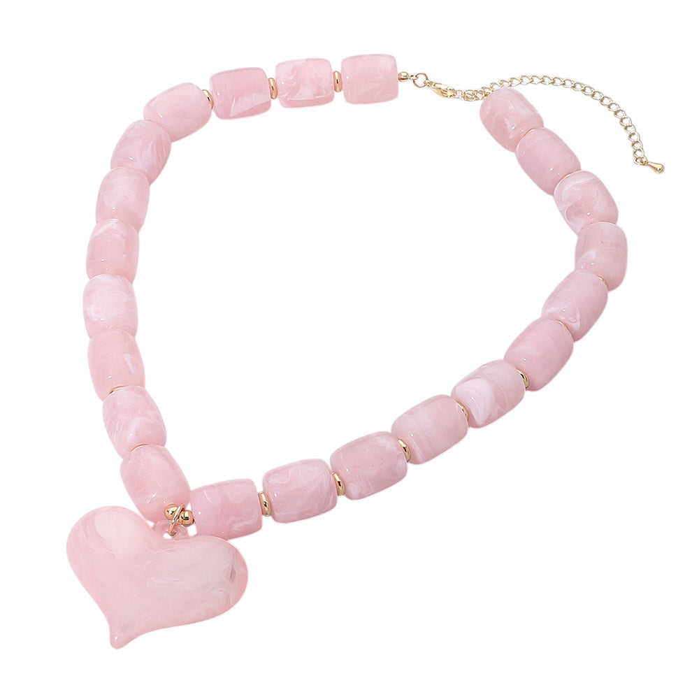 Women's Pink Chunky Resin Beaded Heart Charm Statement Necklace