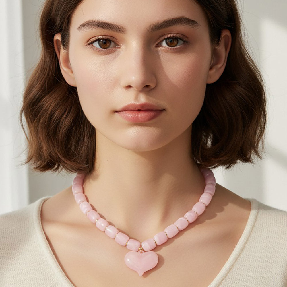Women's Pink Chunky Resin Beaded Heart Charm Statement Necklace
