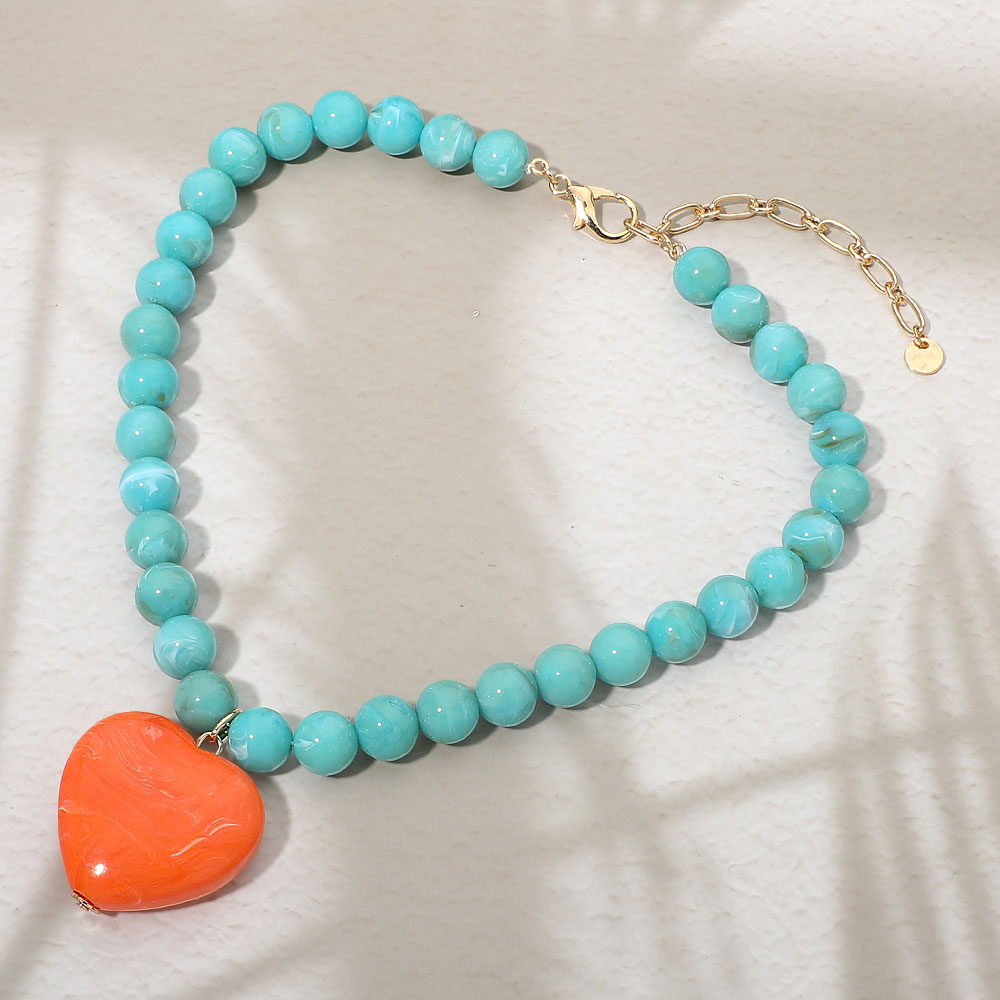 Women's Chunky Turquoise Beaded Necklace – Orange Heart Charm