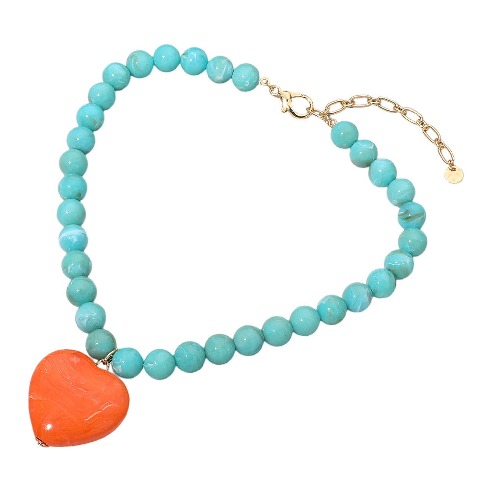 Women's Chunky Turquoise Beaded Necklace – Orange Heart Charm