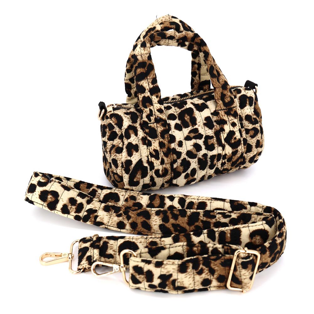 Women's Leopard Print Quilted Mini Barrel Crossbody Bag