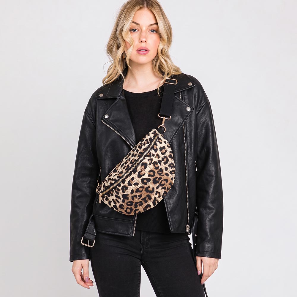 Women's Leopard Print Quilted Belt Bag – Animal Print Crossbody Sling
