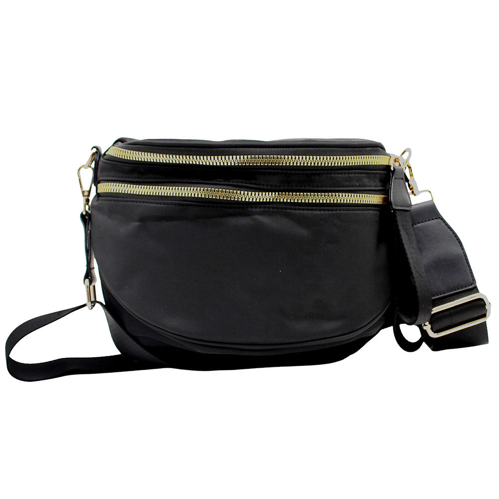 Women's Black Nylon Crossbody Belt Bag with Adjustable Strap