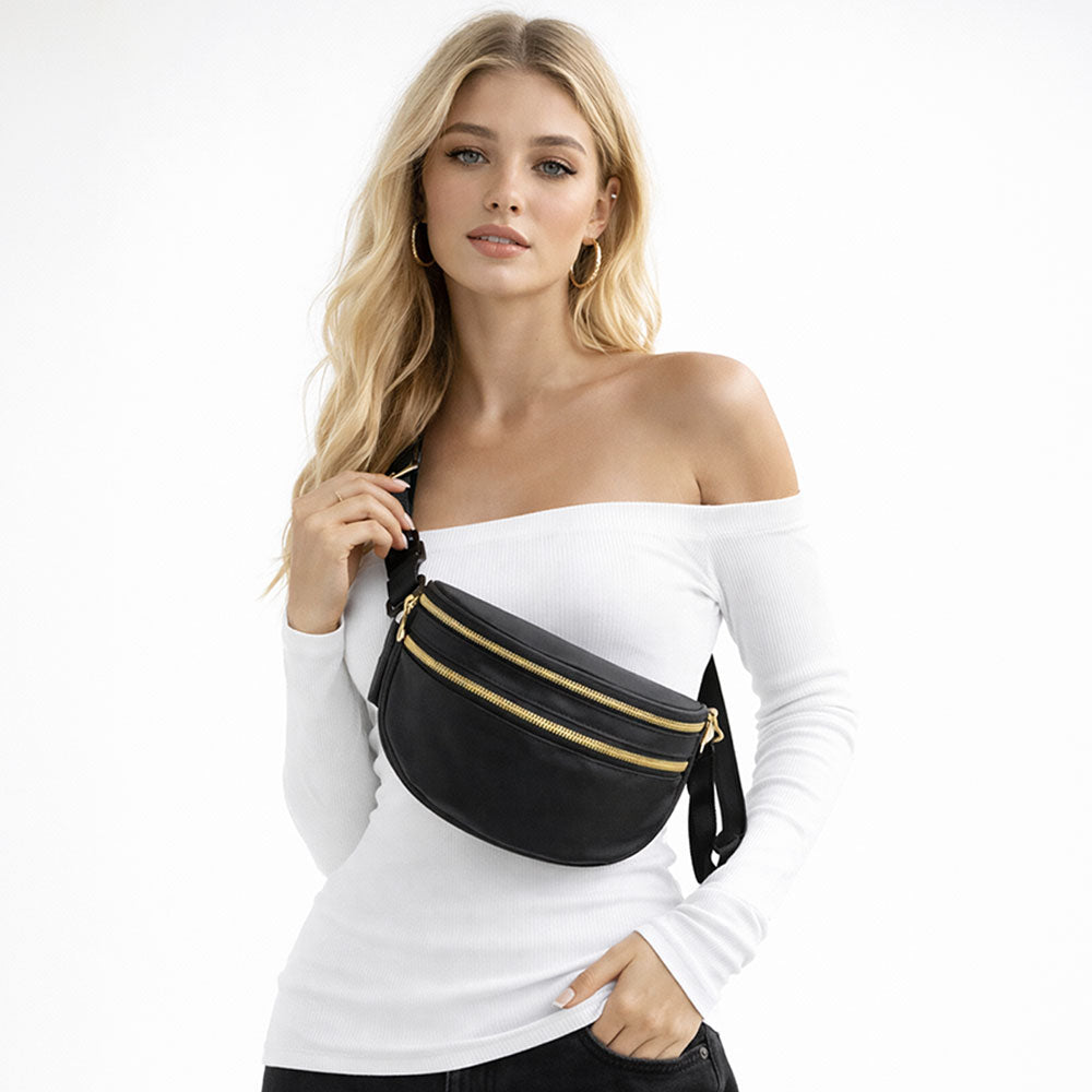 Women's Black Nylon Crossbody Belt Bag with Adjustable Strap