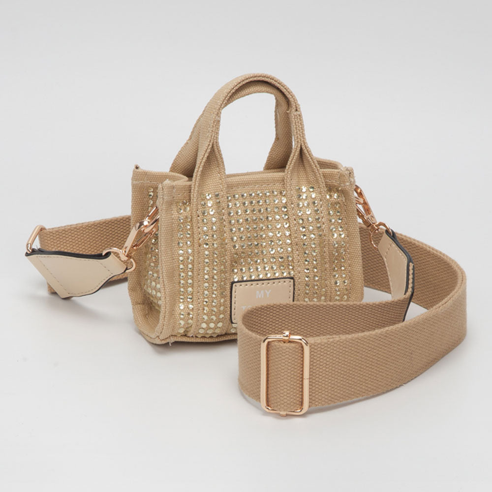 Women's Rhinestone Studded Mini Crossbody Bag – Beige Top Handle Purse