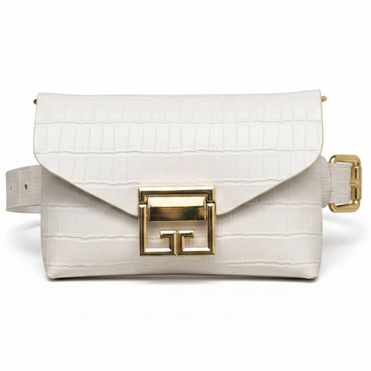 White alligator-embossed faux leather belt bag with envelope flap, gold square turn-lock closure, and white adjustable belt strap with gold buckle, white background