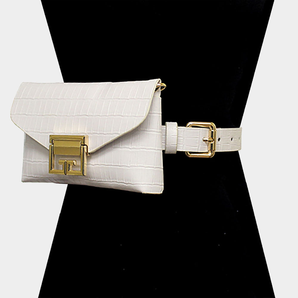 White alligator-embossed faux leather belt bag worn around waist on black mannequin torso, showing envelope flap with gold square turn-lock closure and adjustable white belt strap with gold buckle