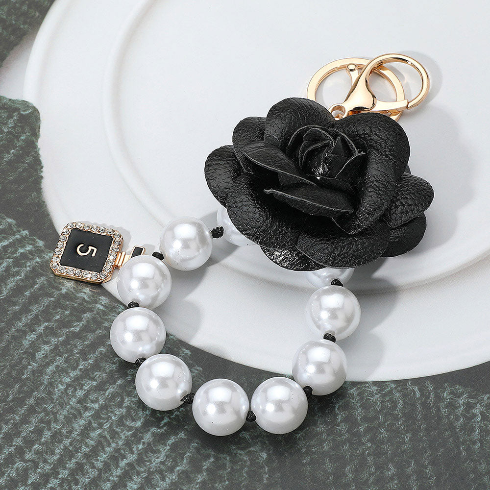 Women's Black Faux Leather Rose Gold Chunky Pearl Keychain Bag Charm