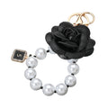 Women's Black Faux Leather Rose Gold Chunky Pearl Keychain Bag Charm