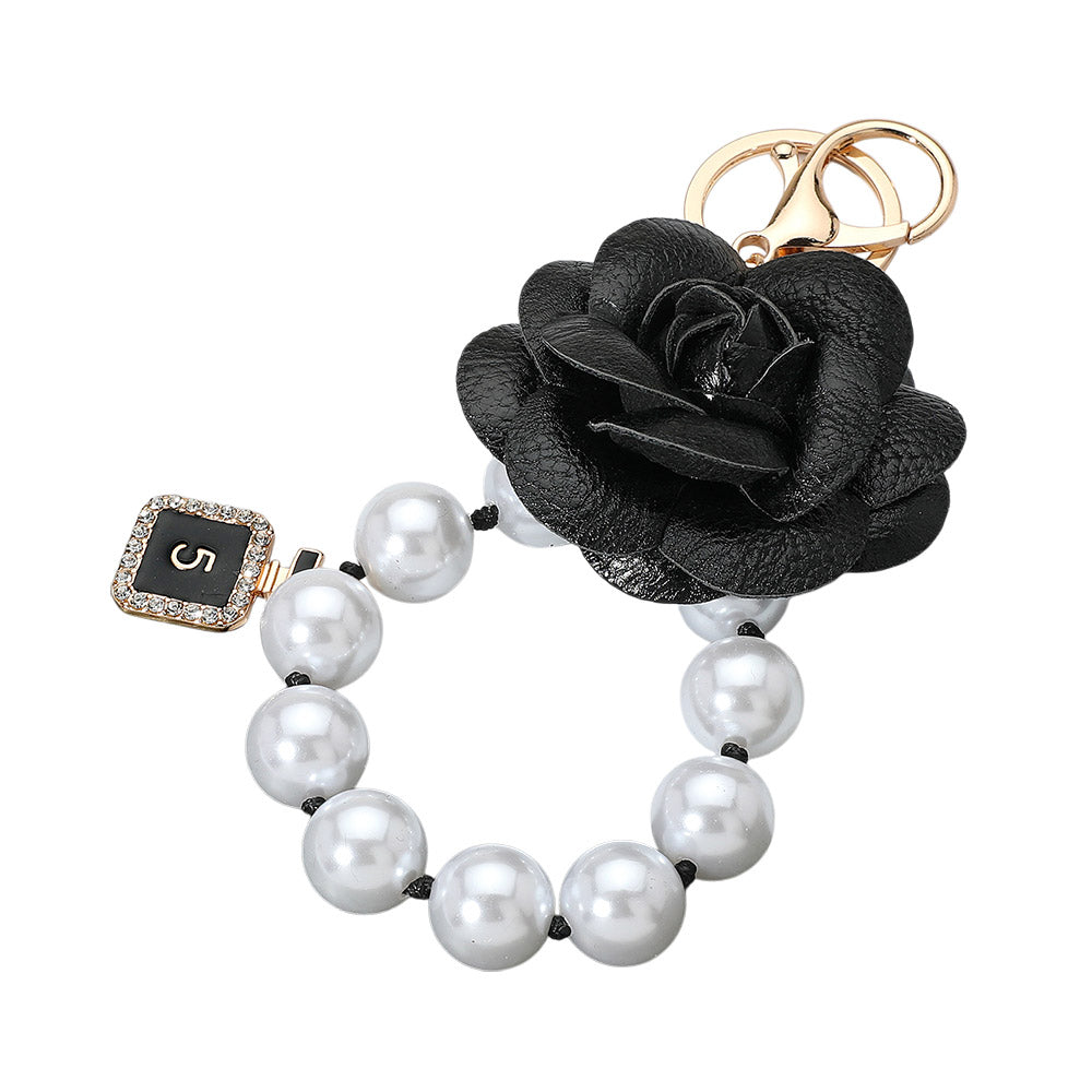 Women's Black Faux Leather Rose Gold Chunky Pearl Keychain Bag Charm