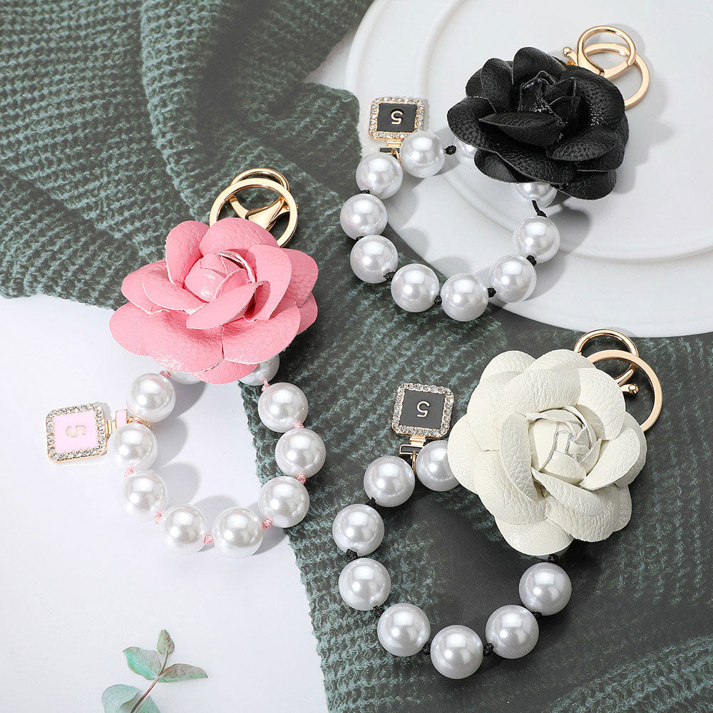 Women's Black Faux Leather Rose Gold Chunky Pearl Keychain Bag Charm