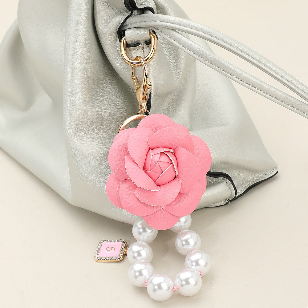 Women's Faux Leather Rose Pearl Beaded Keychain Bag Charm