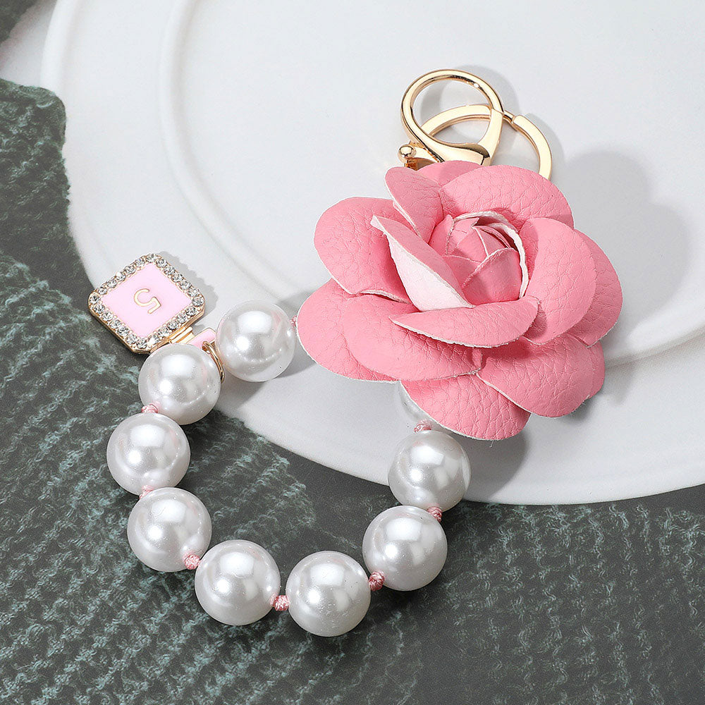 Women's Faux Leather Rose Pearl Beaded Keychain Bag Charm