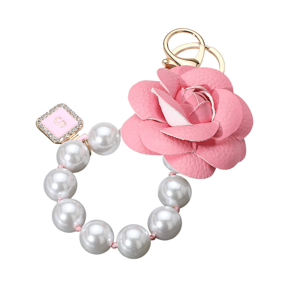 Women's Faux Leather Rose Pearl Beaded Keychain Bag Charm