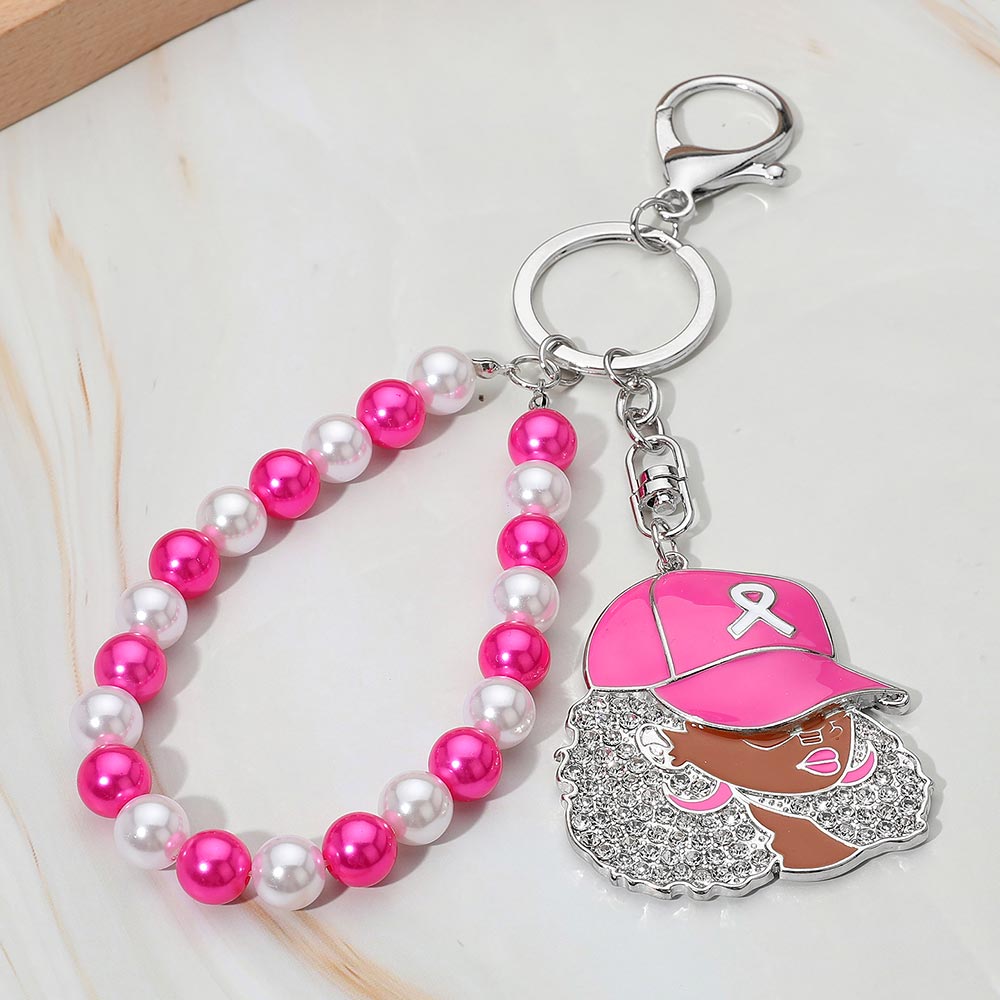 Women's Afro Rhinestone Pink Ribbon Awareness Beaded Wristlet Keychain