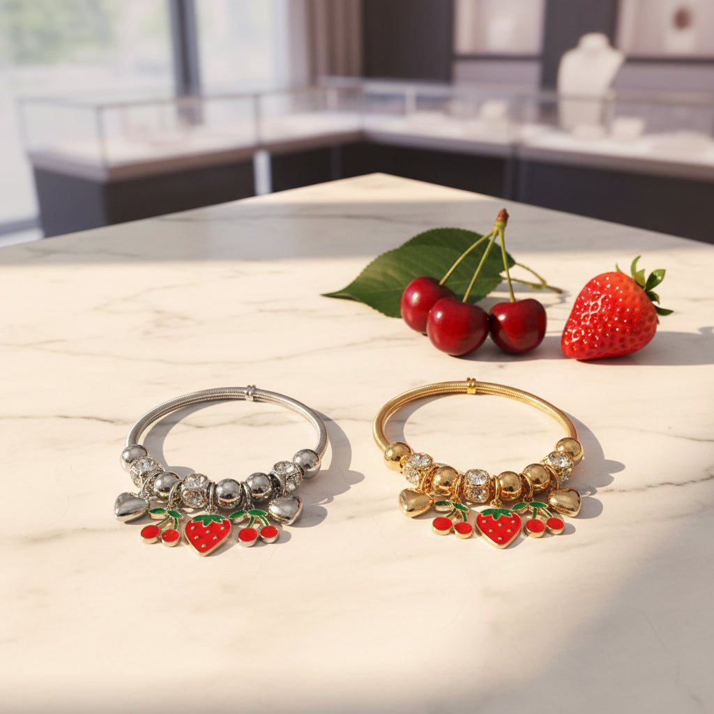 Silver and gold-tone cherry strawberry heart charm beaded stretch bracelets displayed side by side on white marble surface with fresh red cherries and strawberry, jewelry store interior background