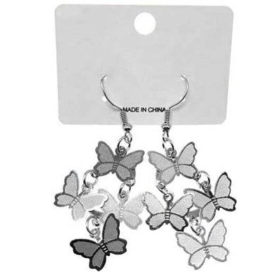 Butterfly metal plate layered drop earrings in silver-tone on white retail card — cascading cluster of three textured metal butterfly charms in charcoal, gray, and white with silver chain links and silver fish hook backs, white background