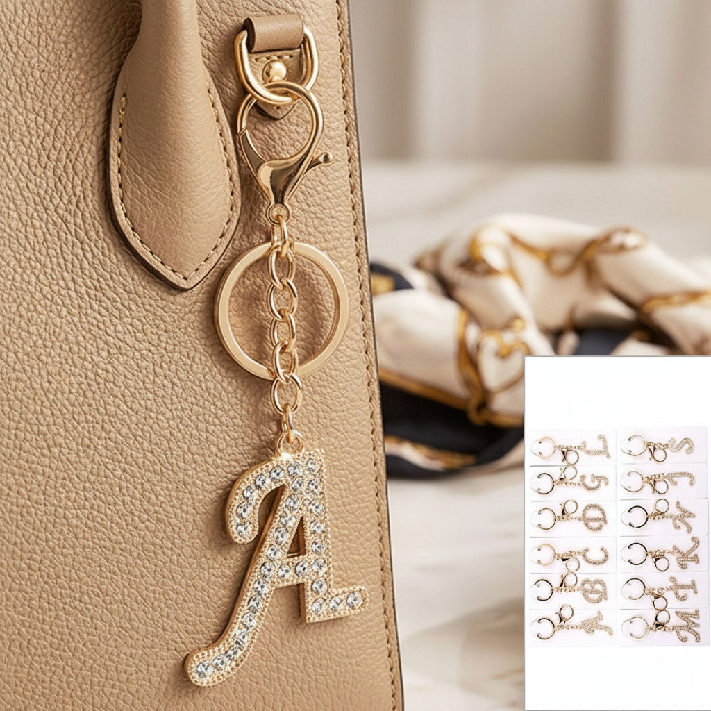 Rhinestone pavé initial letter A keychain bag charm clipped to gold-tone handle of tan pebbled leather tote handbag, clear crystal rhinestone pavé script A pendant, gold-tone hardware, assorted initial letter keychain set on white retail cards, pink quantity badge