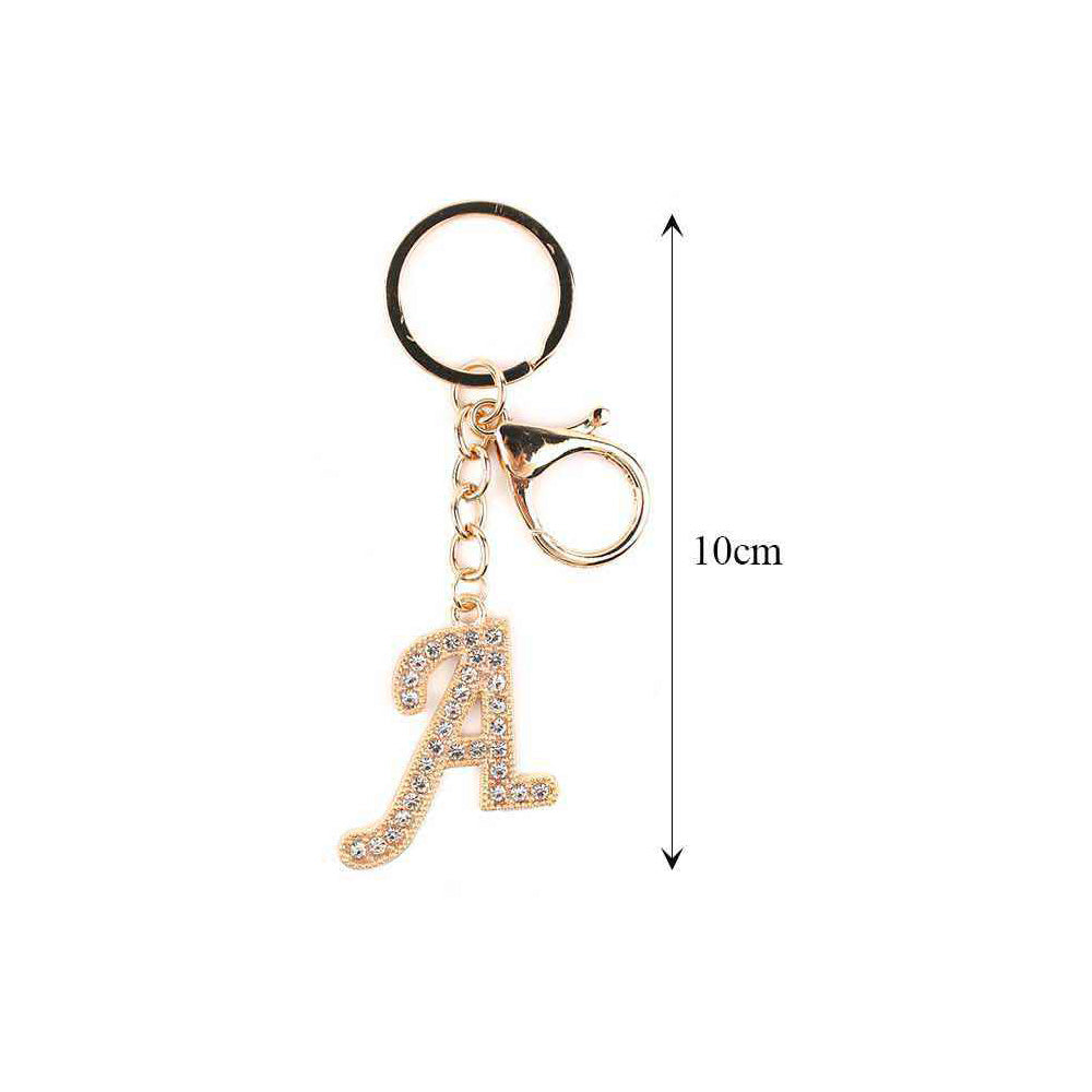 Rhinestone pavé initial letter A keychain bag charm with clear crystal rhinestone pavé script A pendant, gold-tone lobster clasp and key ring, shown with 10cm length measurement reference, white background