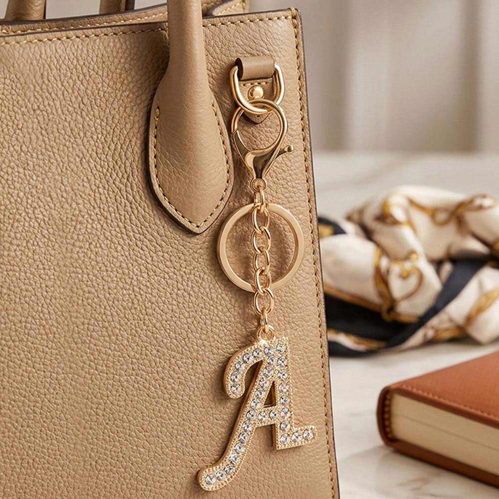 Rhinestone pavé initial letter A keychain bag charm clipped to gold-tone handle of tan pebbled leather tote handbag, clear crystal rhinestone pavé script A pendant, gold-tone lobster clasp and key ring, marble surface with silk scarf and brown journal in background